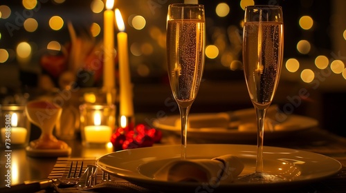 Romantic candlelight dinner for couple table setup at night. Man & Woman hold glass of Champaign. Concept for valentine's day or date. : Generative AI