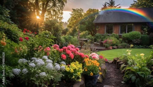 A Garden With a Rainbow in the Background