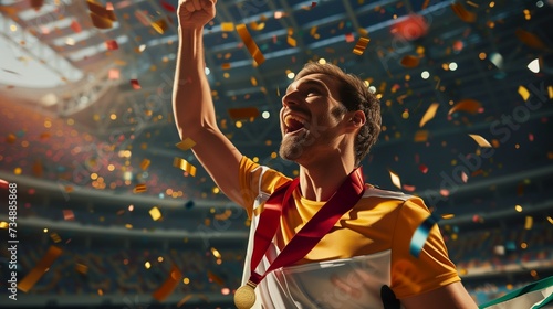 A happy male athlete with a gold medal stands at the stadium, a well-deserved victory and recognition of joyful fans, an Olympic champion