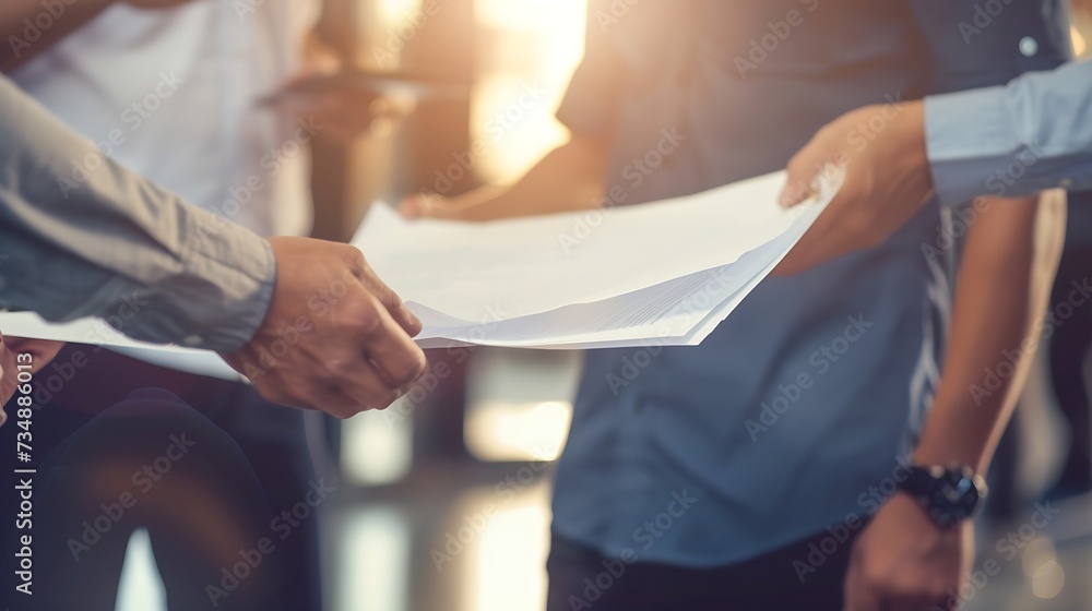 Hispanic businessman holding papers hands and smiling.Young team of coworkers making great business discussion in modern coworking office.Teamwork people concept.Horizontal, blurred ba : Generative AI