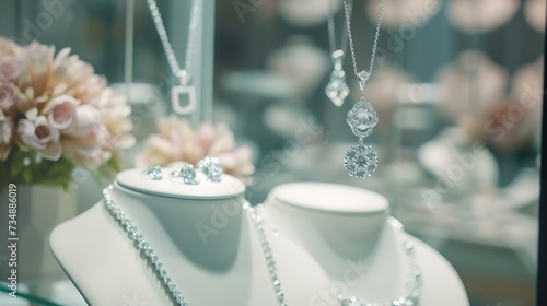 Jewelry diamond rings and necklaces show in luxury retail store window display showcase : Generative AI