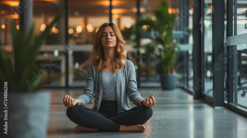 woman relaxing on yoga in office,ai photo