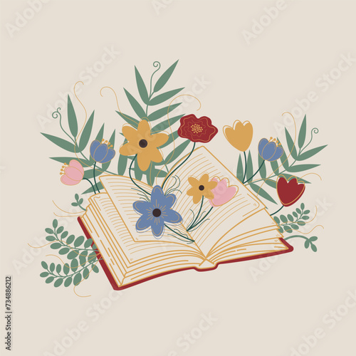 Hand drawn open book with flowers. Pages with text, different colorful flowers, leaves, ferns. Good for library, school, teacher, bookstore, card, social media post. Isolated