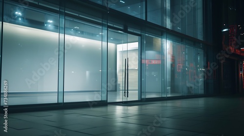 Front view on blank light wall background in empty shop window with place for your product presentation behind glass walls with night city reflection in modern building outdoors. : Generative AI