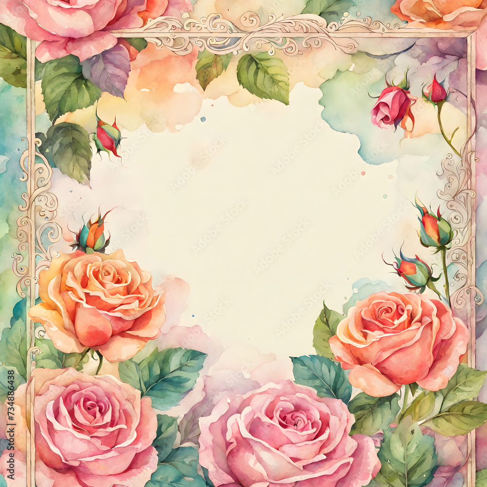 Colorful flower rose frame watercolor background.	