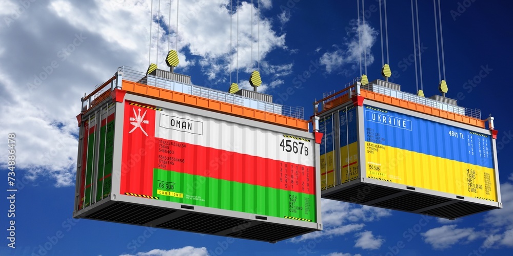 Shipping containers with flags of Oman and Ukraine - 3D illustration