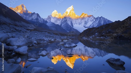 Beautiful landscape with high rocks with illuminated peaks, stones in mountain lake, reflection, blue sky and yellow sunlight in sunrise. Nepal. Amazing scene with Himalayan mountains. : Generative AI