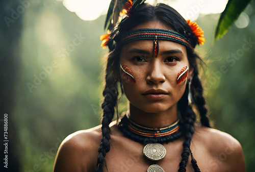 Mulher indígena brasileira com olhar sereno. photo