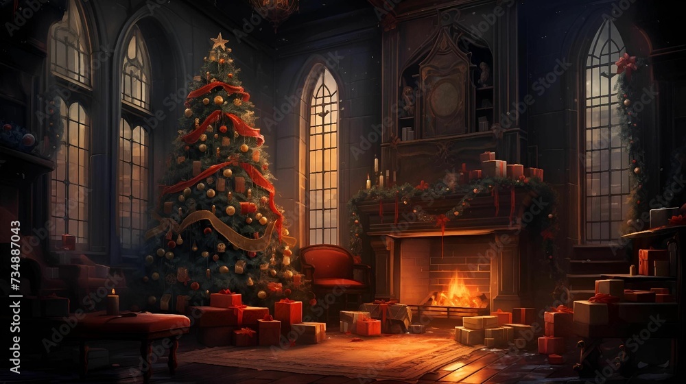 AI generated illustration of a cozy and festive living room featuring a traditional Christmas tree