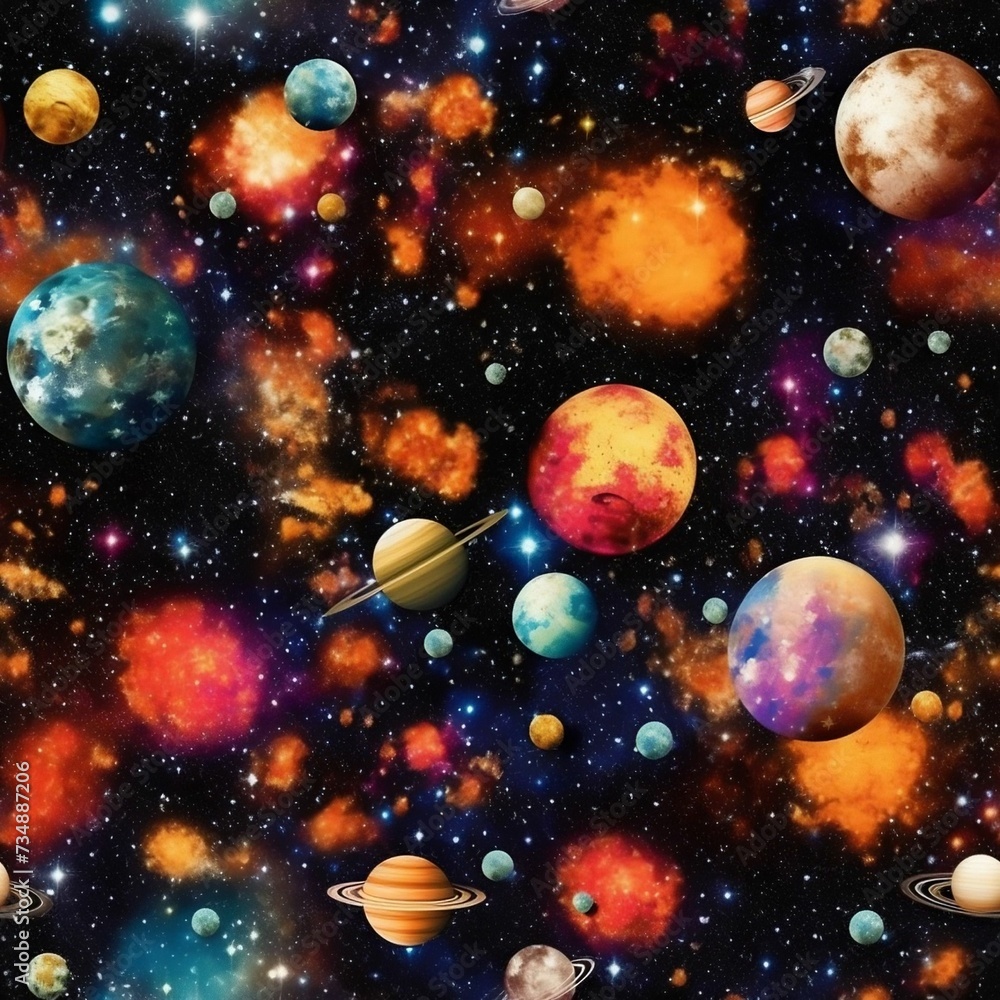 AI generated illustration of multiple planets surrounded by colorful clouds and stars