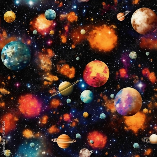 AI generated illustration of multiple planets surrounded by colorful clouds and stars