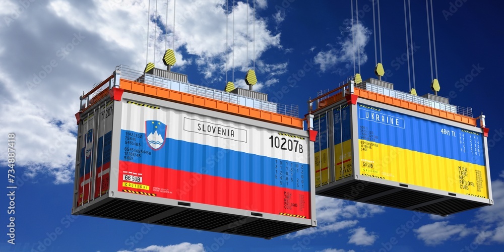 Shipping containers with flags of Slovenia and Ukraine - 3D illustration