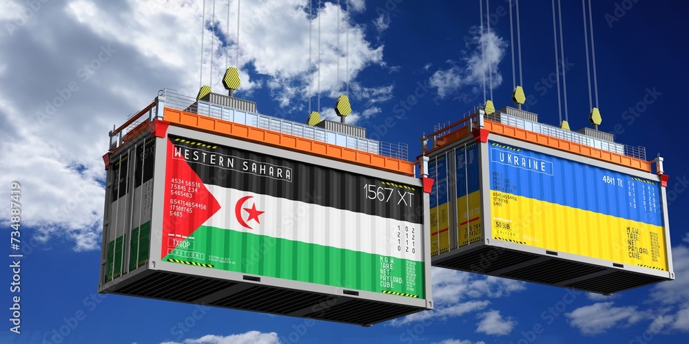 Shipping containers with flags of Western Sahara and Ukraine - 3D illustration