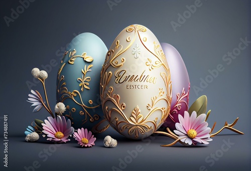 Glossy 3d easter eggs background and banner with small flower ornament and empty space. Generative AI