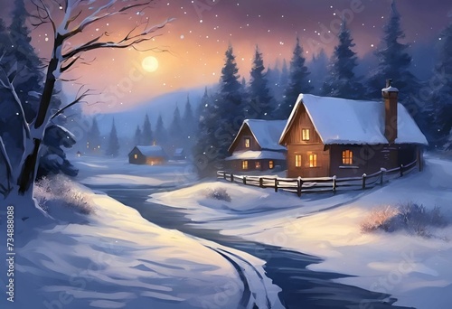 AI generated illustration of a painting of a tranquil winter landscape in the evening