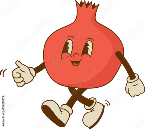 Vintage mascot of pomegranate isolated on white background. Funny retro cartoon garnet fruit character vector illustration. Healthy vegan food