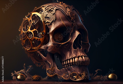 An illustration of a skull, ink steampunk style. Generative AI