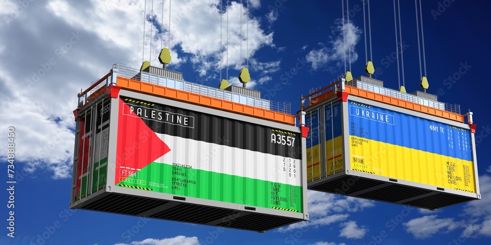 Shipping containers with flags of Palestine and Ukraine - 3D illustration