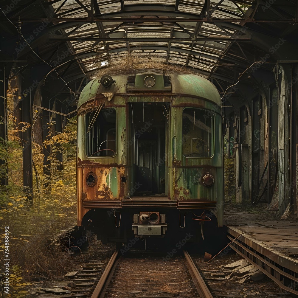 AI generated illustration of an abandoned train station with rusty tracks and dilapidated train car
