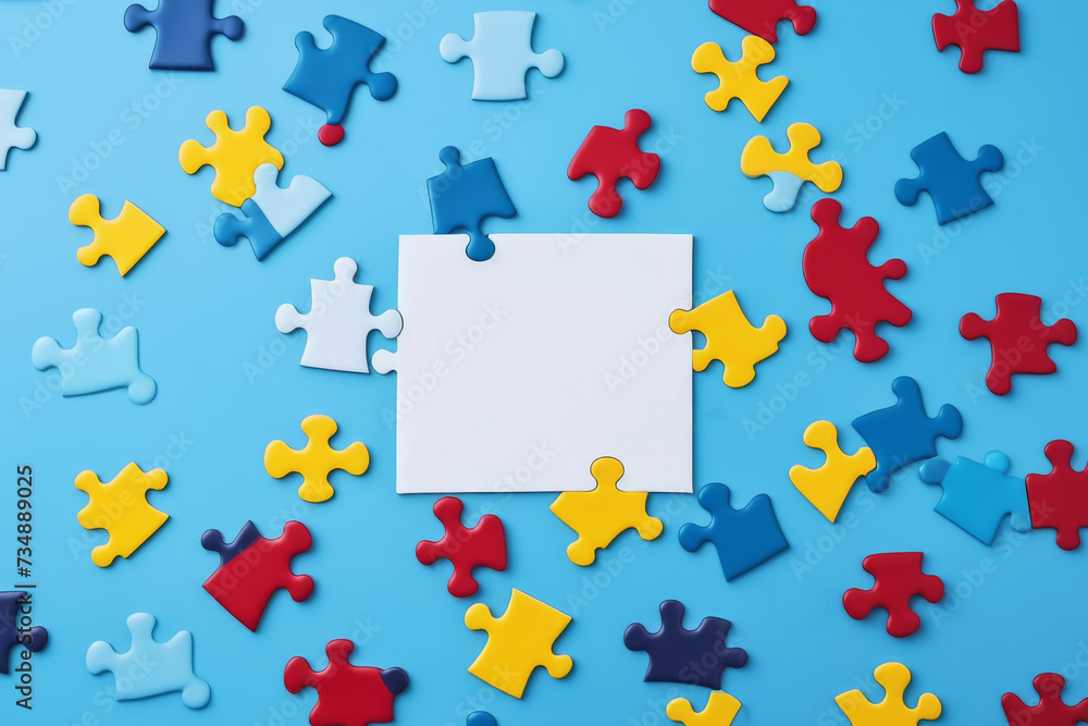 Naklejka premium World Autism Awareness Day or month concept. Creative design for April 2. Blue, red, yellow jigsaw puzzles, symbol of awareness for autism spectrum disorder on blue background. Top view, copy space