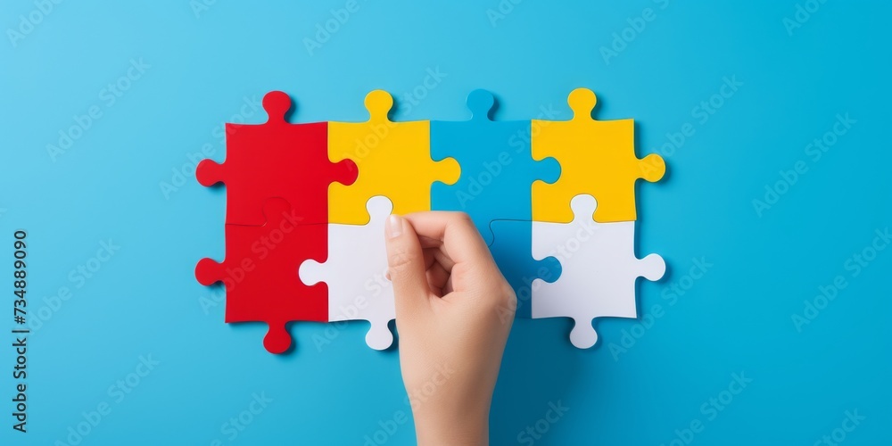 World Autism Awareness Day or month concept. Creative design for April 2. Blue, red, yellow jigsaw puzzles, symbol of awareness for autism spectrum disorder on blue background. Top view, copy space World Autism Awareness Day or month concept. Creative design for April 2. Blue, red, yellow jigsaw puzzles, symbol of awareness for autism spectrum disorder on blue background. Top view, copy space