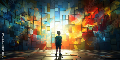 Child Alone Gazing at a Colorful Abstract World Through a Window. World Autism Awareness Day month concept. Creative design for April 2. Symbol of awareness for autism spectrum disorder,  copy space photo