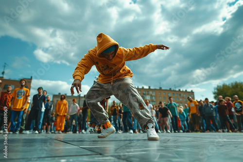 Group of people dancing breakdance hip-hop on the street photo