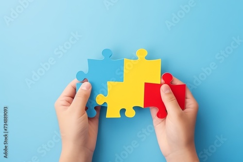 World Autism Awareness Day or month concept. Creative design for April 2. Blue  red  yellow  jigsaw puzzles  symbol of awareness for autism spectrum disorder on blue background. Top view  copy space