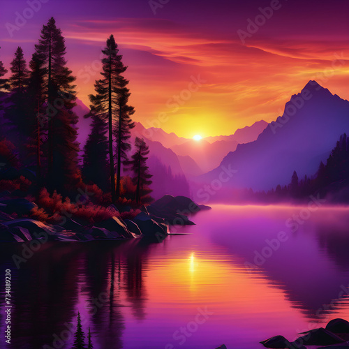 Tranquil Twilight: Purple Sunset Over Mountain Lake