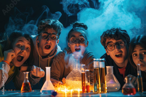 A group of cheerful teenage students observing the chemical reaction going on in the flask with excited and surprised looks on their faces