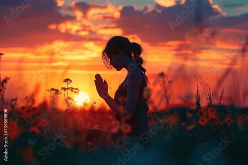 Experience a serene and spiritual moment as you witness the silhouette of a woman kneeling in prayer, captured in a realistic photo that conveys peace, faith, and contemplation.