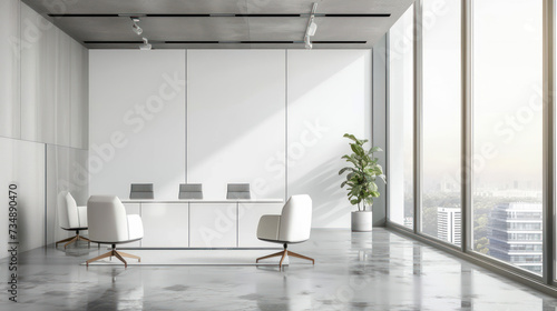 White business interior with armchairs and board on grey concrete floor, side view. Conference corner with sideboard and panoramic window on city view. day lighting. photo