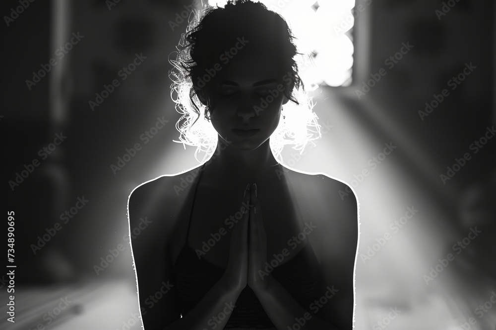 Experience a serene and spiritual moment as you witness the silhouette of a woman kneeling in prayer, captured in a realistic photo that conveys peace, faith, and contemplation.