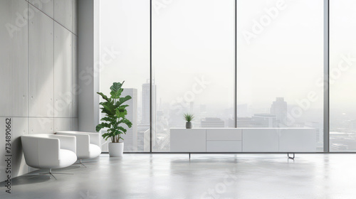 White business interior with armchairs and board on grey concrete floor  side view. Conference corner with sideboard and panoramic window on city view. day lighting.