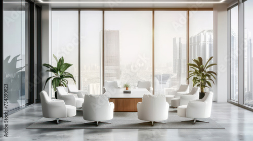 White business interior with armchairs and board on grey concrete floor, side view. Conference corner with sideboard and panoramic window on city view. day lighting.