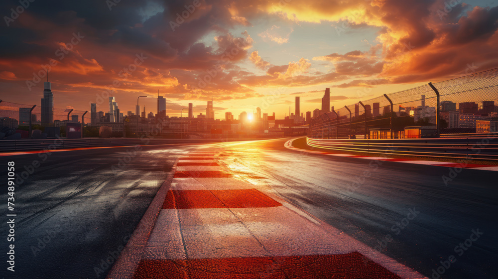 Race track road and bridge with city skyline at sunset.