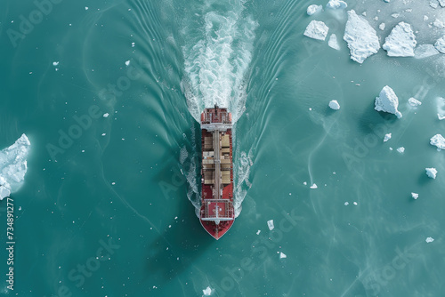 Large Cargo icebreaker sails in ice-cold ocean