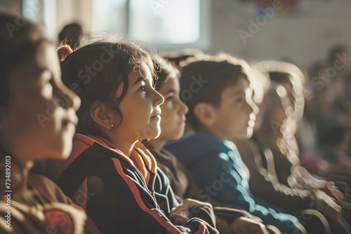 Children of different nationalities are siting indoors watching something with interest and listening to someone . Their faces show interest and enthusiasm.