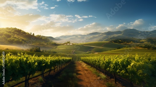A sun-kissed vineyard landscape with rows of grapevines, a rustic winery, and distant mountains, symbolizing the enchantment of wine country travel and exploration