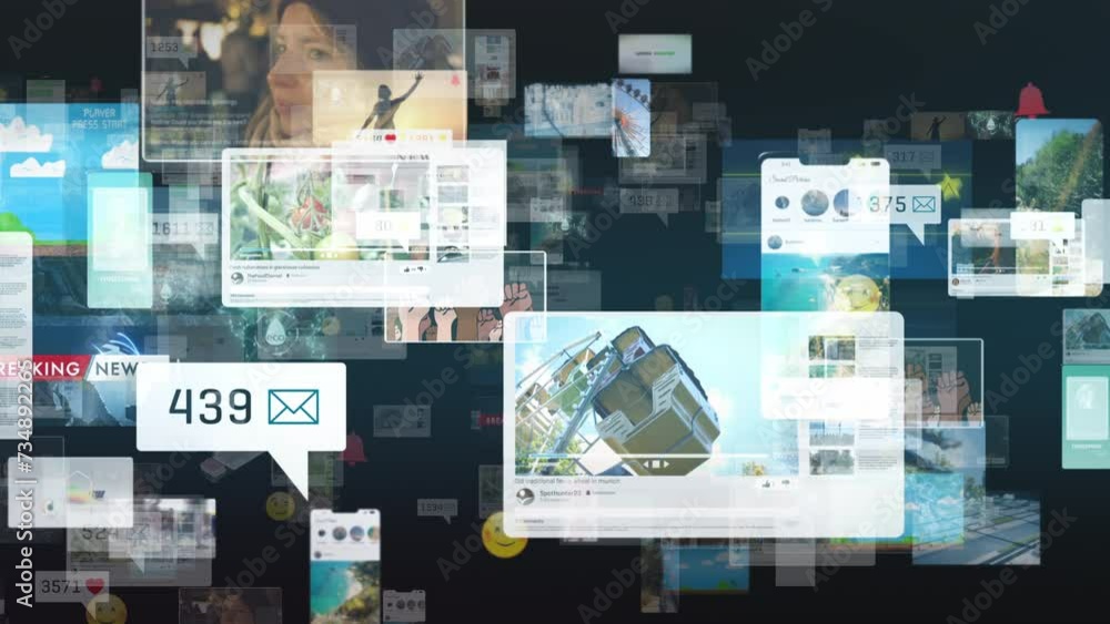 Communication network video elements from social media, trends, viral clips, gaming, business, applications, IoT, concept art of digital worlds animation background in front of black
