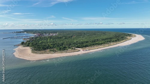Hel city. Aerial view of Hel Peninsula in Poland, Baltic Sea and Puck Bay Zatoka Pucka Photo made by drone from above. End of poland hel peninsula. Hel beach in Poland