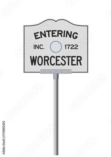 Vector illustration of the entering Worcester (Massachusetts) city road sign on metallic post