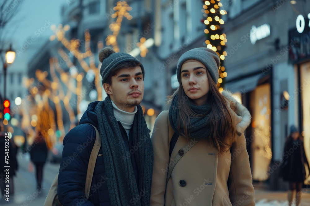 couple dress fashionably and stroll down the street shopping at Christmas