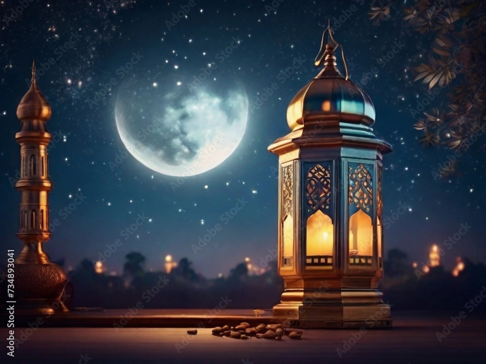 Ramadan Kareem greeting card. Arabic lanterns and crescent moon over the night sky Ramadan Kareem greeting card. Arabic lanterns and crescent moon over the night sky
