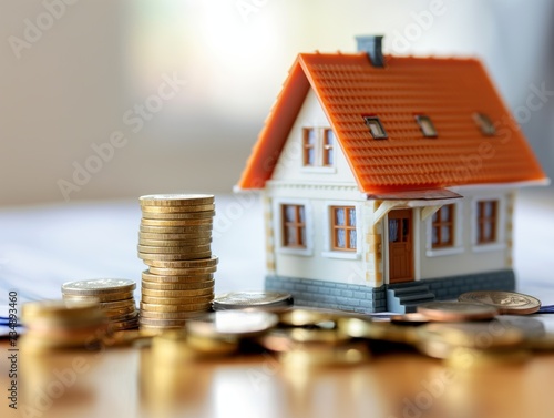 Real estate concept of a miniature house sitting on a table next to money coins
