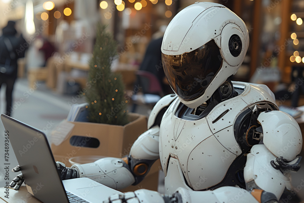 Fototapeta premium A humanoid robot works on a laptop, technology future concept