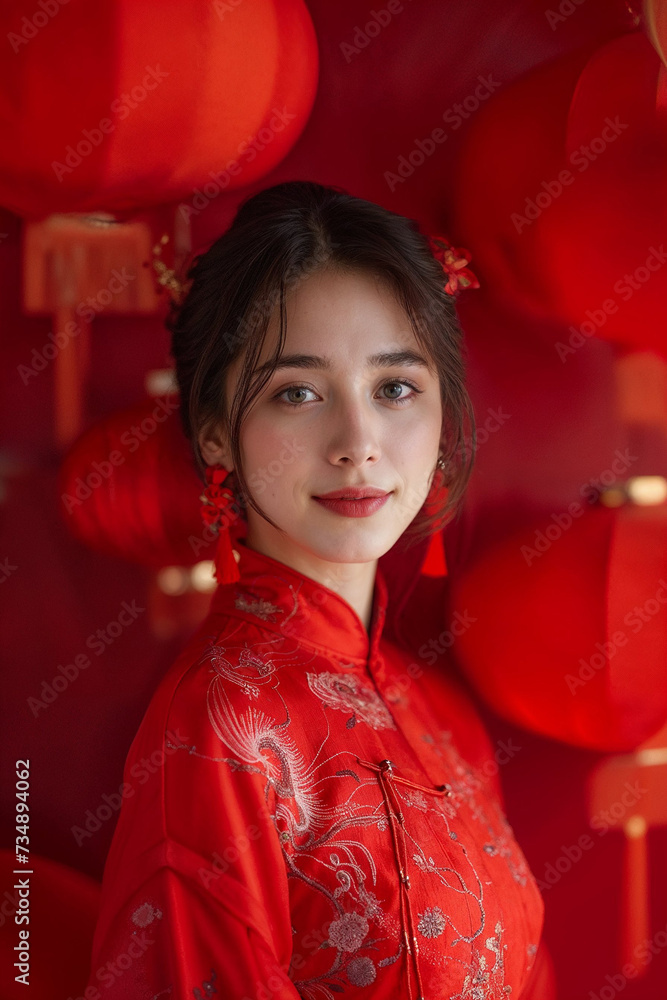 Woman in traditional Chinese dress with red lanterns in the background. Woman in traditional Chinese dress with red lanterns in the background.