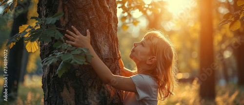 Young girl hugging a tree during golden hour in a forest.