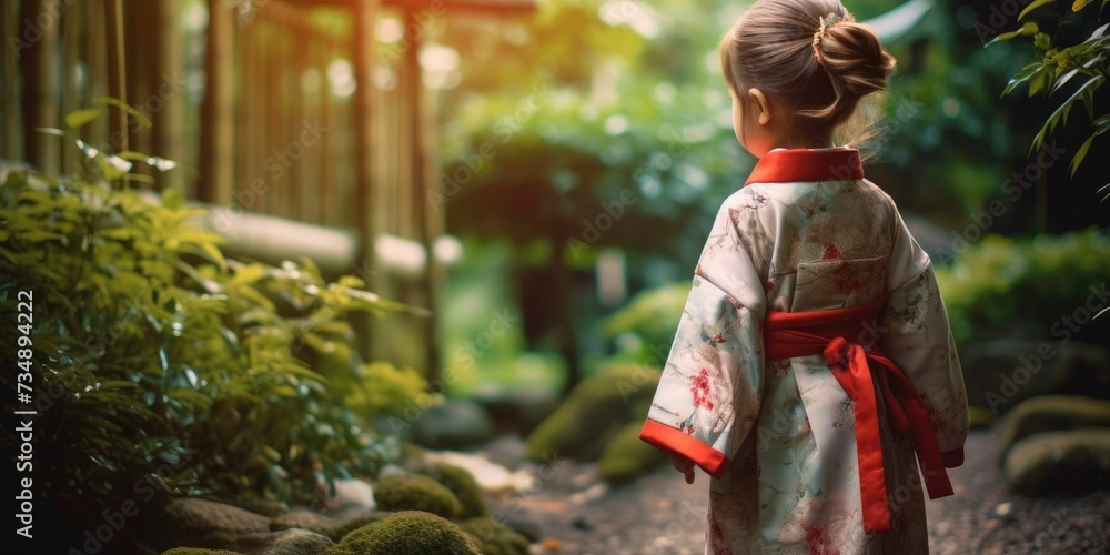 AI generated illustration of a Japanese girl standing in an ancient garden