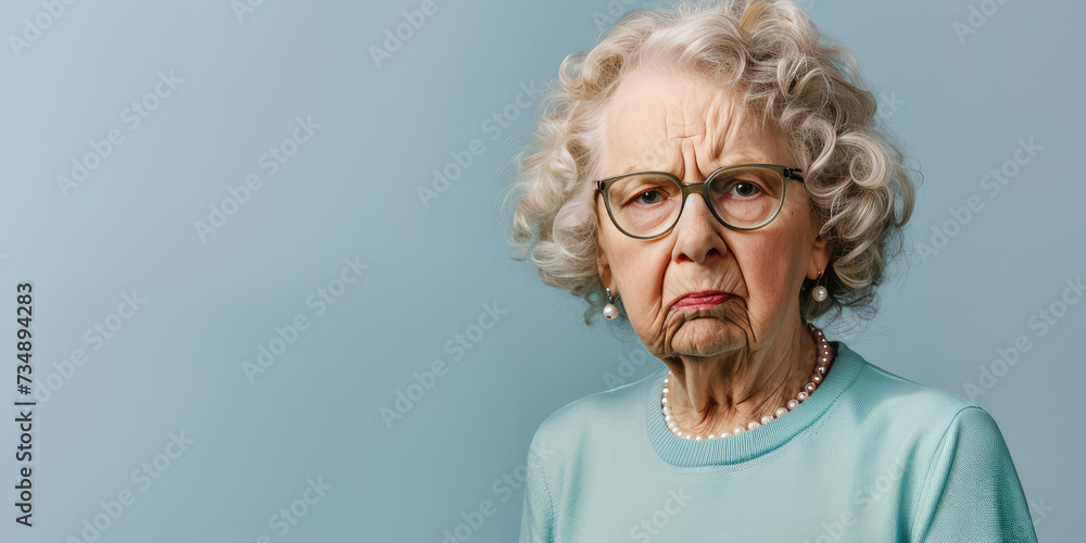 Senior Woman's Displeased Portrait on simple background with copy space. Close-up of a senior woman with gray hair looking angry and skeptical. - obrazy, fototapety, plakaty 